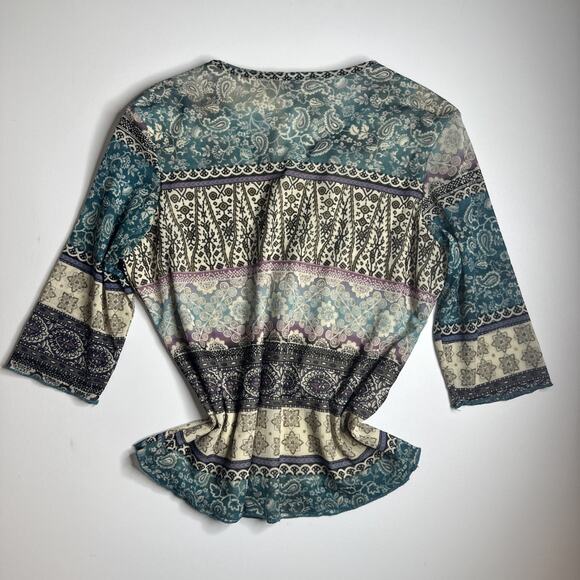 Boho Paisley Floral Mesh Top V Neck Stretch Y2K Indie Cottagecore L Witchy Artsy - Picture 4 of 11